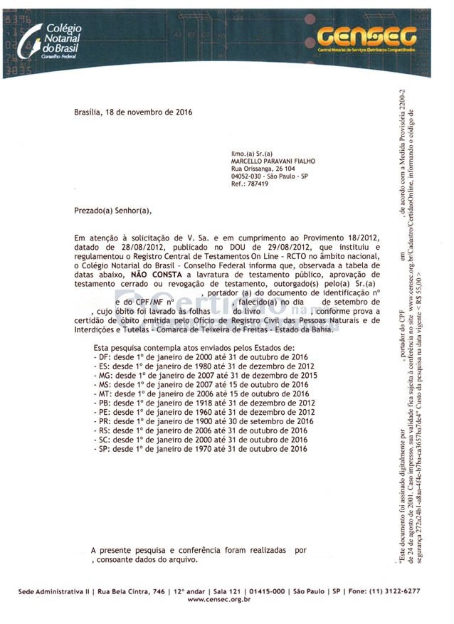 Certidão Negativa de Testamento 