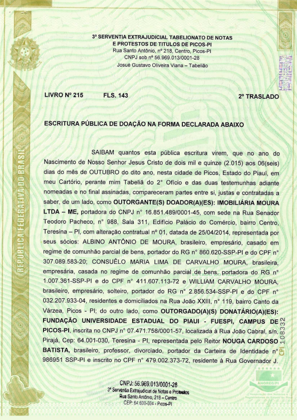 Certidão de Escritura de Doação